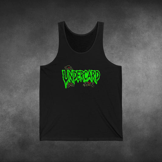 Black tank top with neon green "Undercard" logo and red-eyed creatures, creating a bold, spooky look against the black fabric.